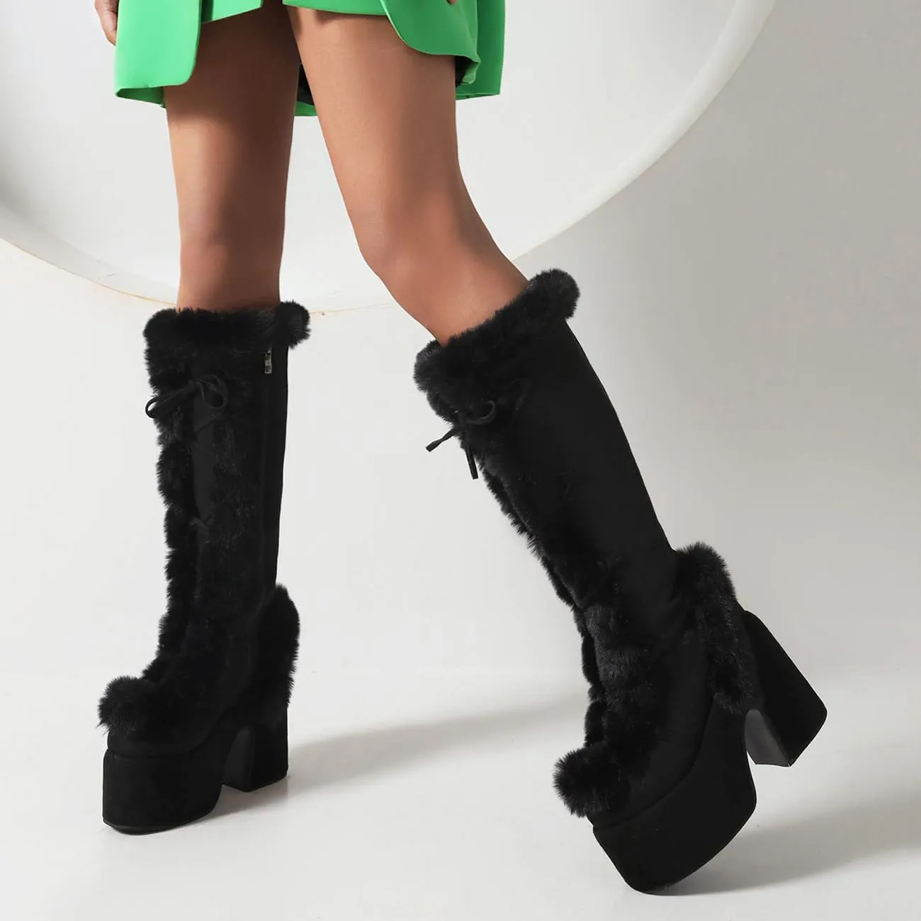 MRKEWUNEY Sweet Women's Faux Fur Lined Winter Snow Knee High Boots Platform Heel Christmas Boots