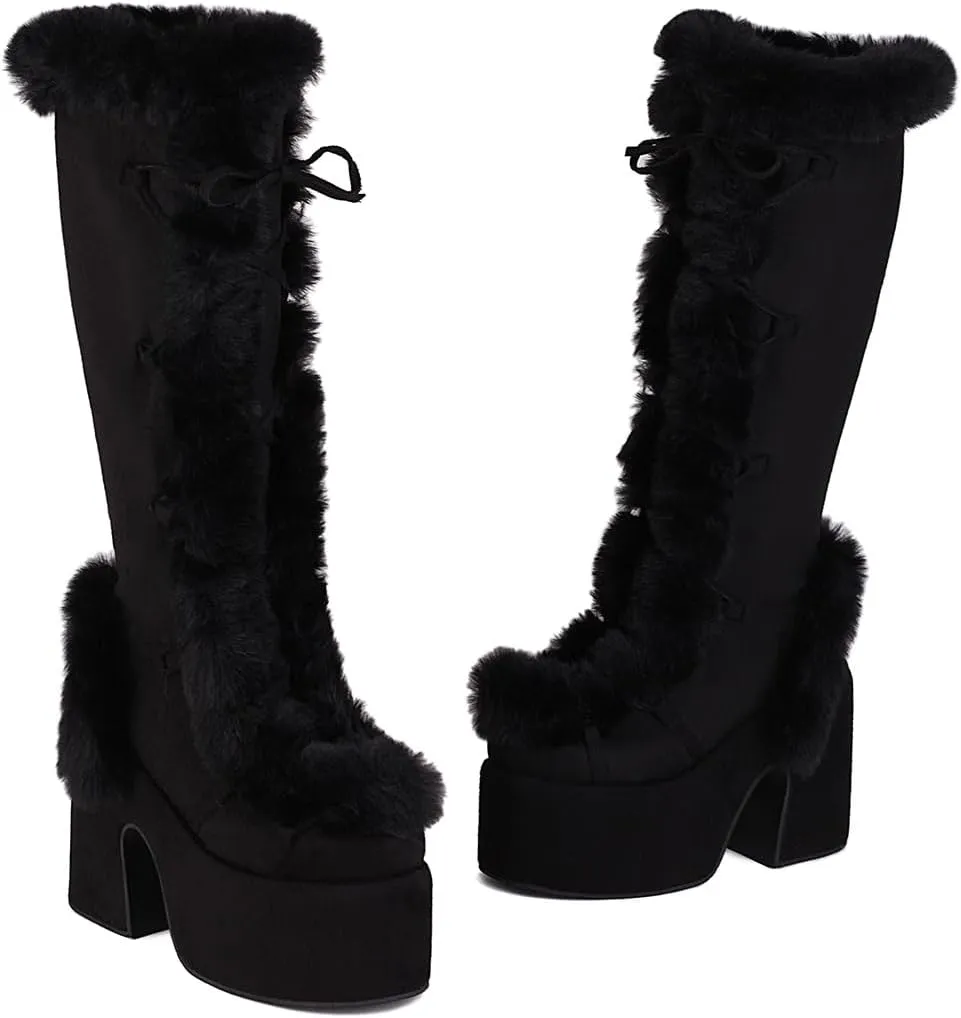 MRKEWUNEY Sweet Women's Faux Fur Lined Winter Snow Knee High Boots Platform Heel Christmas Boots