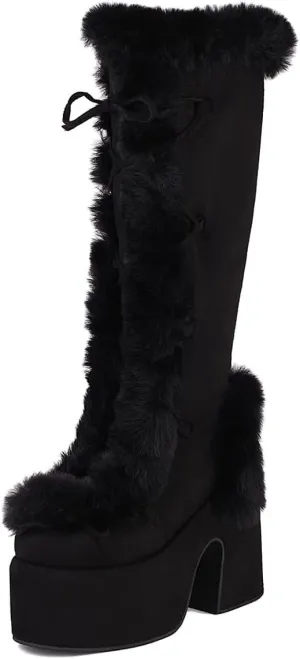 MRKEWUNEY Sweet Women's Faux Fur Lined Winter Snow Knee High Boots Platform Heel Christmas Boots