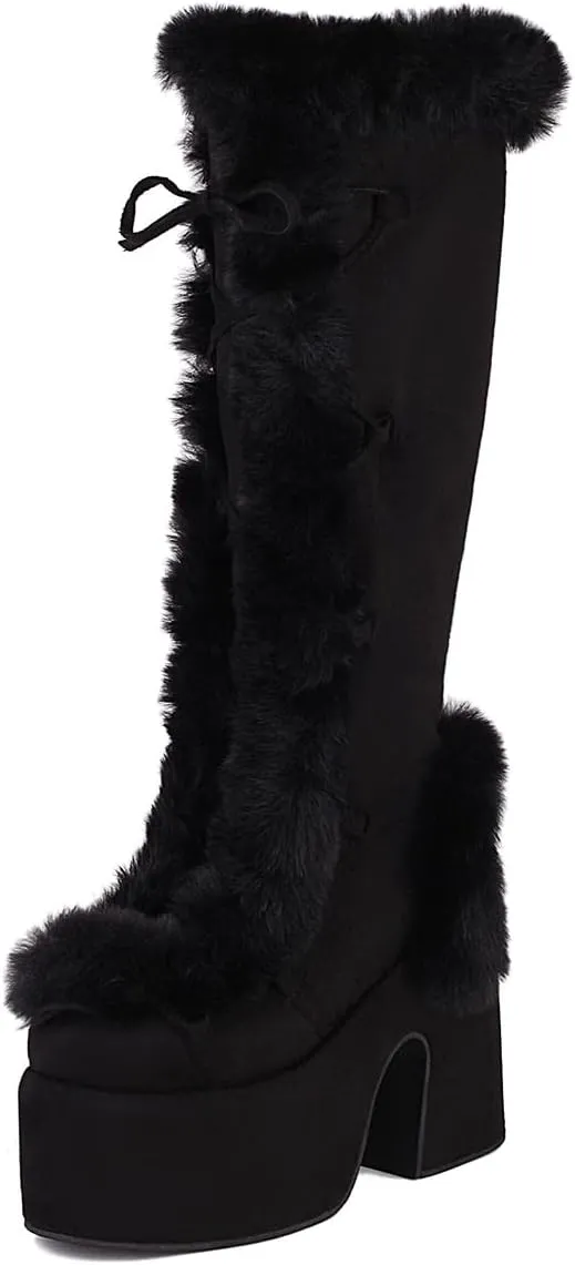 MRKEWUNEY Sweet Women's Faux Fur Lined Winter Snow Knee High Boots Platform Heel Christmas Boots