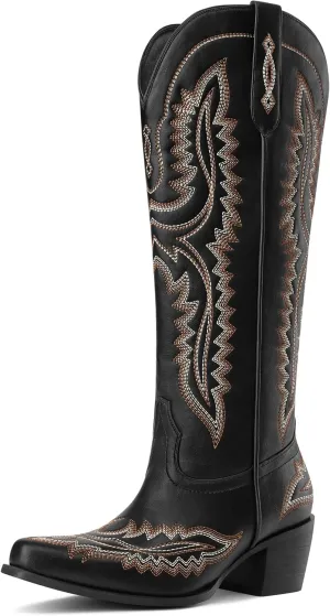 MUCCCUTE Cowboy Boots for Women Cowgirl Boots Western Knee High Pointed Toe with Classic Embroidery Side Zipper Chunky Heel Pull On Retro Country Tall Boot