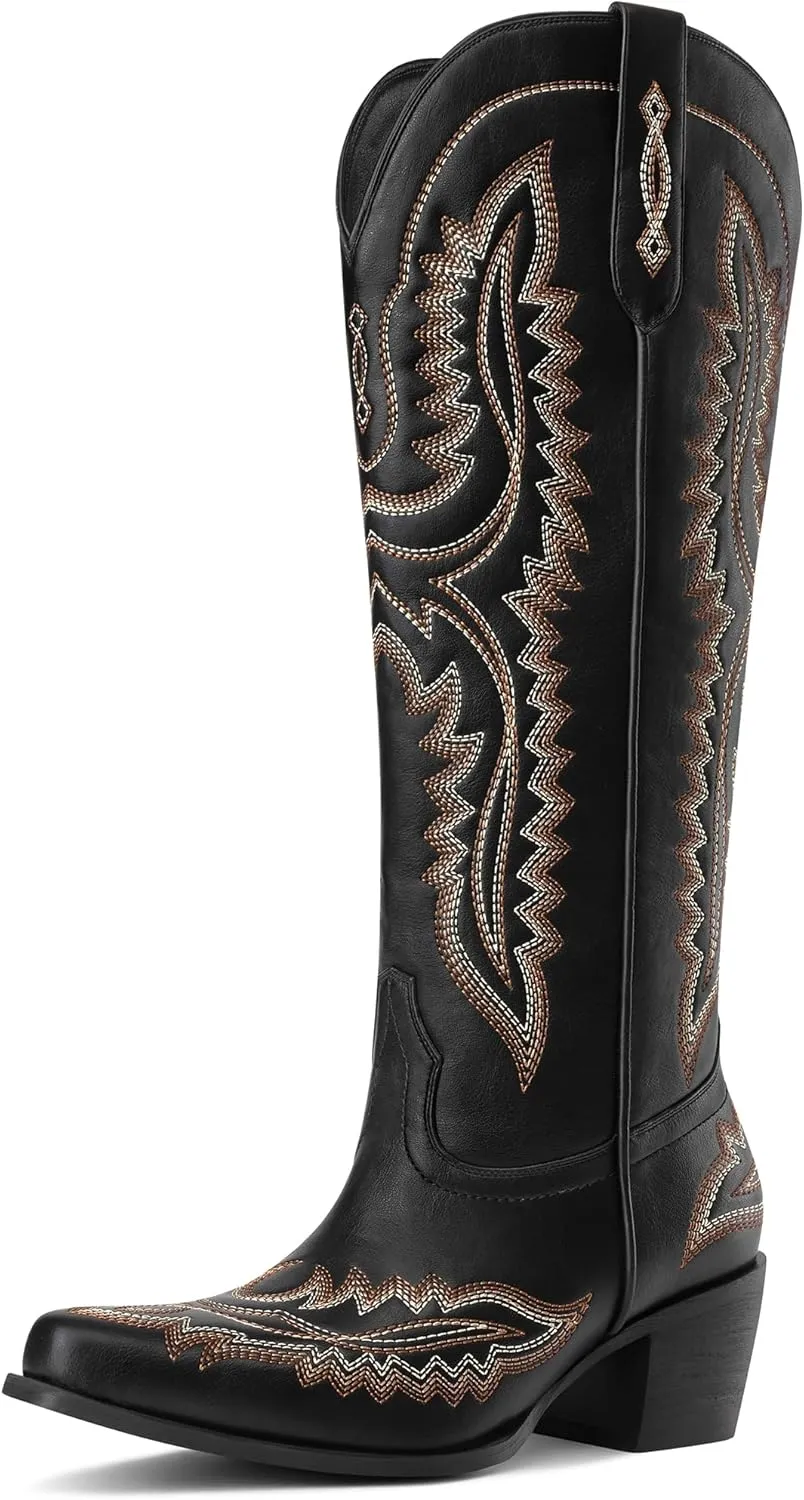 MUCCCUTE Cowboy Boots for Women Cowgirl Boots Western Knee High Pointed Toe with Classic Embroidery Side Zipper Chunky Heel Pull On Retro Country Tall Boot