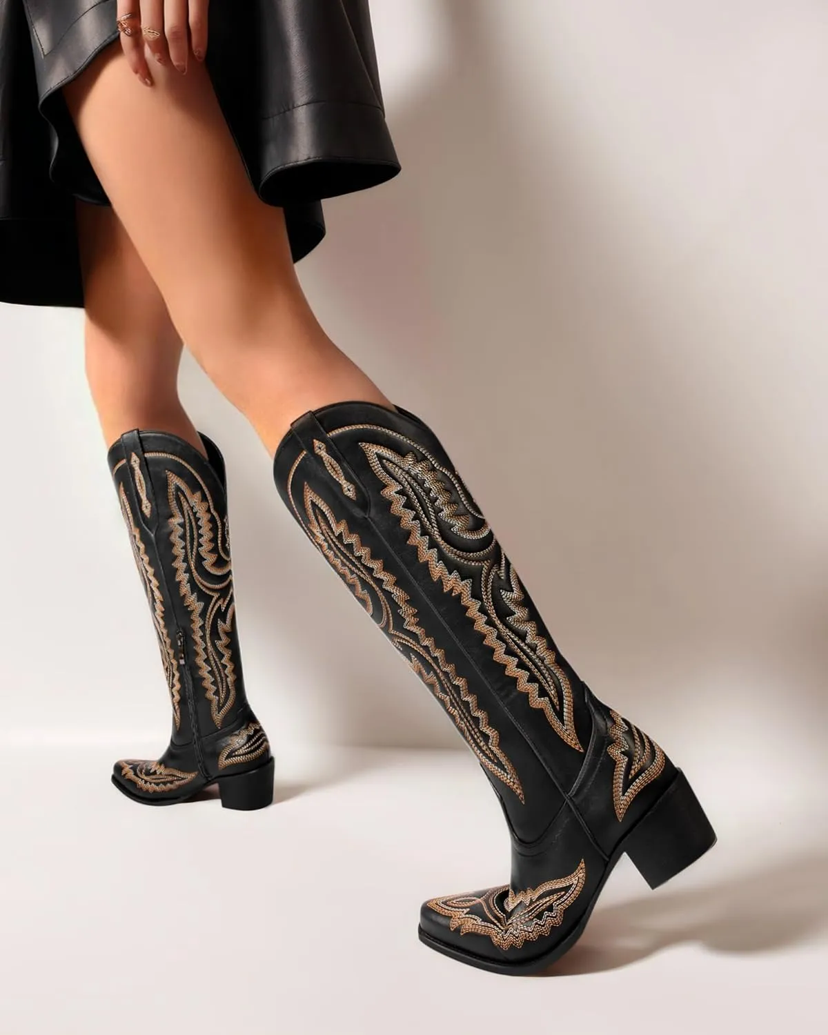 MUCCCUTE Cowboy Boots for Women Cowgirl Boots Western Knee High Pointed Toe with Classic Embroidery Side Zipper Chunky Heel Pull On Retro Country Tall Boot