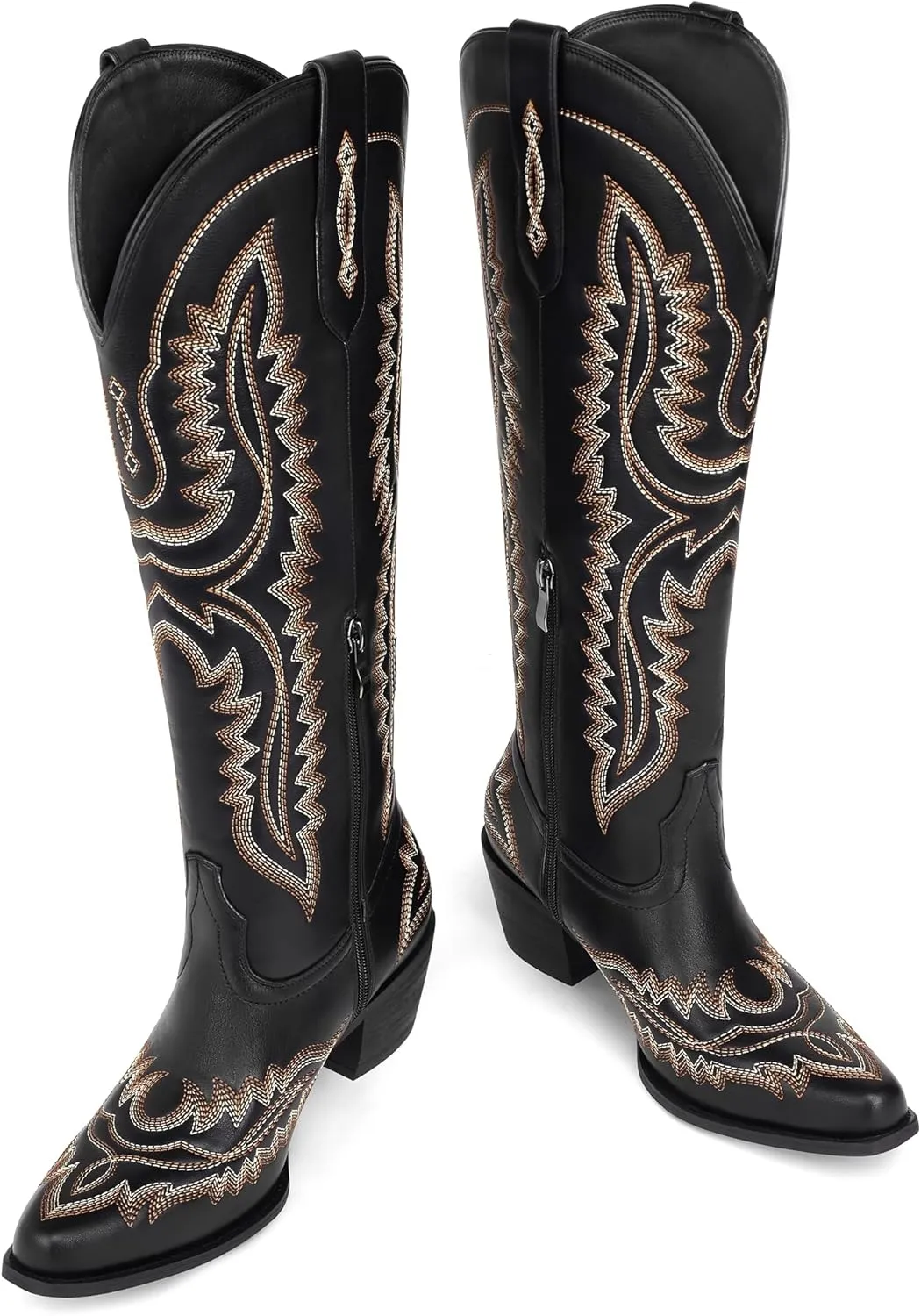 MUCCCUTE Cowboy Boots for Women Cowgirl Boots Western Knee High Pointed Toe with Classic Embroidery Side Zipper Chunky Heel Pull On Retro Country Tall Boot