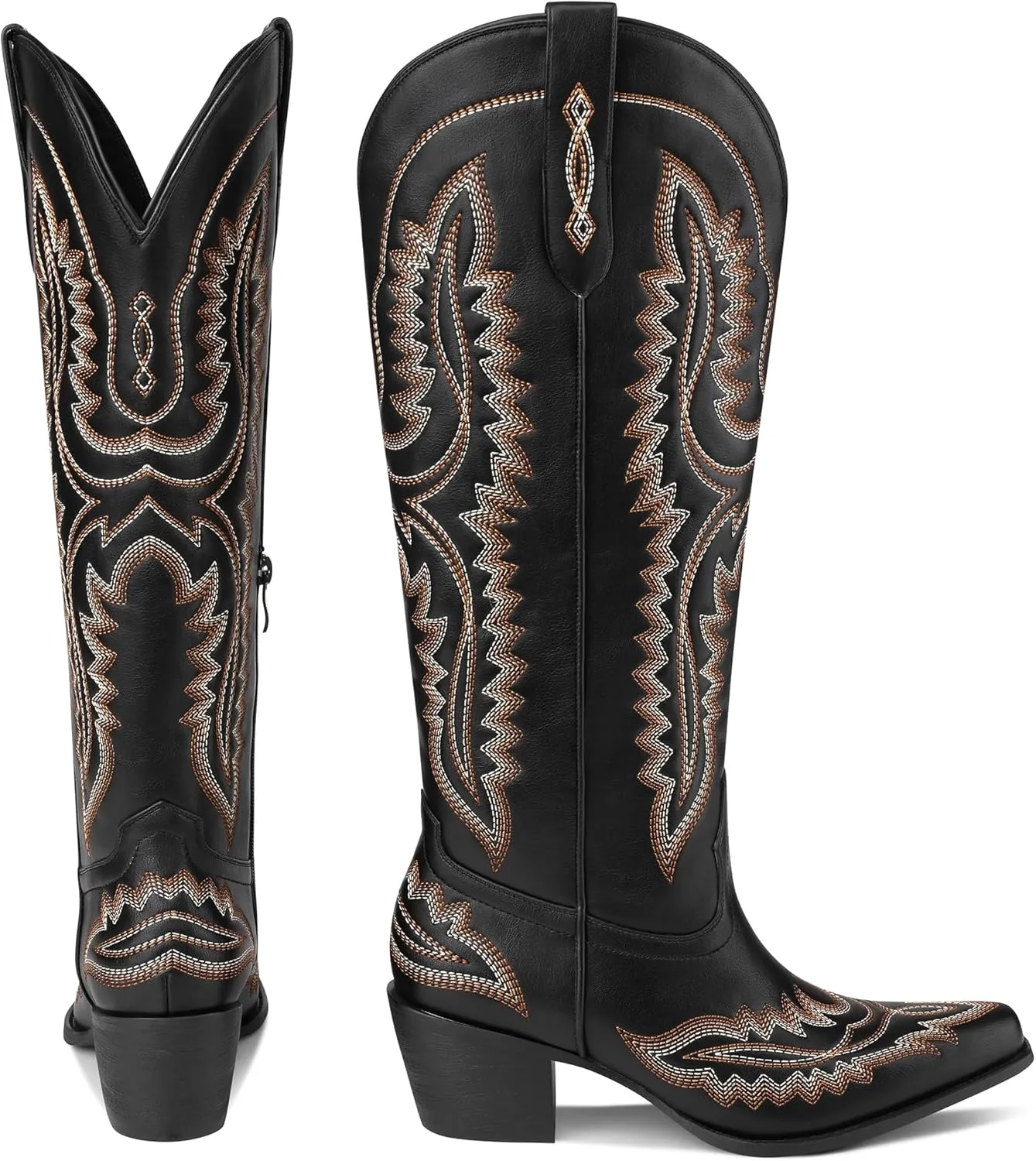 MUCCCUTE Cowboy Boots for Women Cowgirl Boots Western Knee High Pointed Toe with Classic Embroidery Side Zipper Chunky Heel Pull On Retro Country Tall Boot