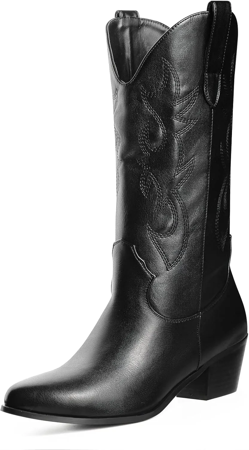 MUCCCUTE Cowboy Boots for Women Cowgirl Boots Wide Calf Pointed Toe Embroidered Fashion Western Chunky Pull On