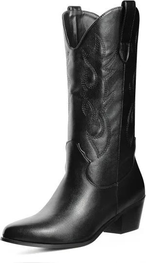 MUCCCUTE Cowboy Boots for Women Cowgirl Boots Wide Calf Pointed Toe Embroidered Fashion Western Chunky Pull On