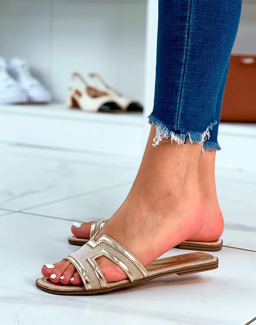 MULES DORÉES BI-MATIÈRE ET FORME EN H