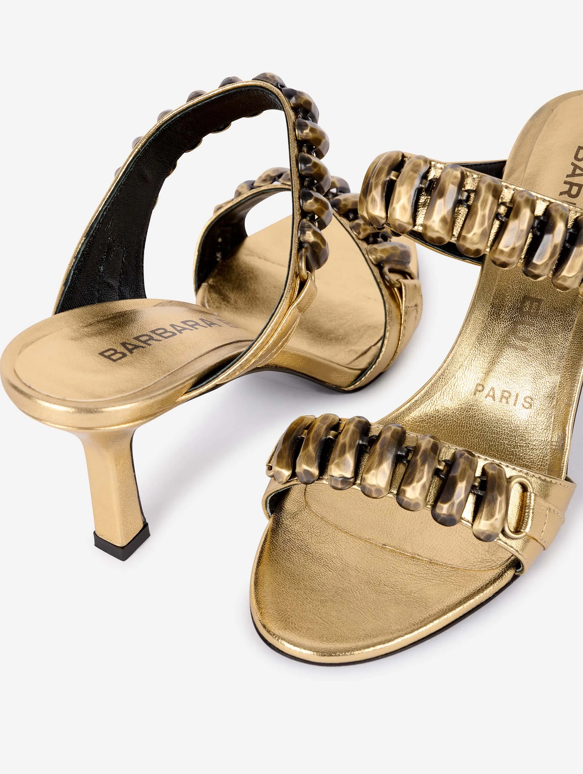 mules en cuir metallisé or
