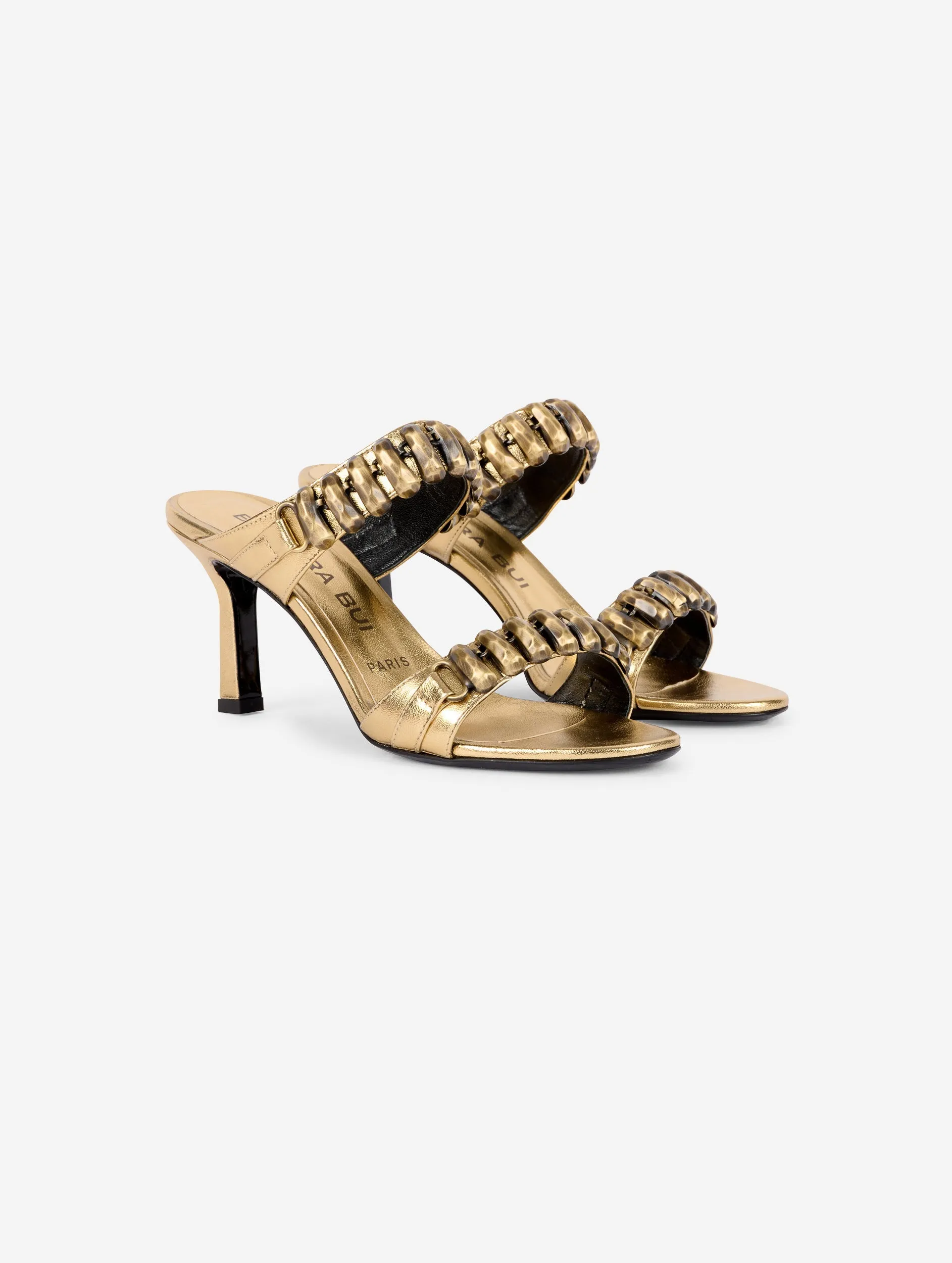 mules en cuir metallisé or