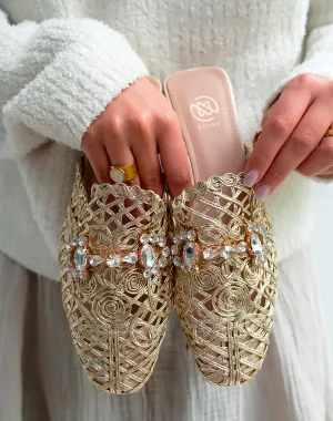 Mules Plates Femme Dorées en Corde avec Bijoux – Luxe Artisanal au Quotidien
