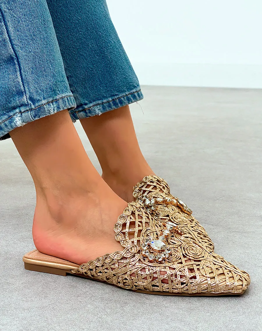 Mules Plates Femme Dorées en Corde avec Bijoux – Luxe Artisanal au Quotidien