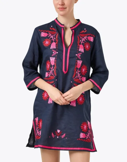 Navy and Pink Embroidered Linen Dress