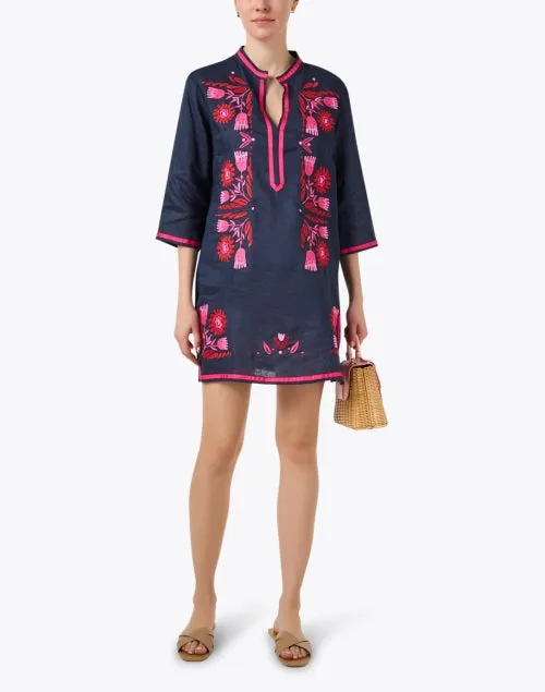 Navy and Pink Embroidered Linen Dress