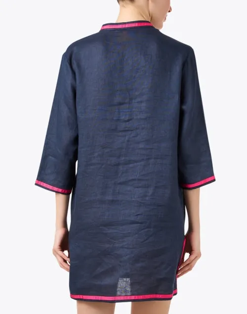 Navy and Pink Embroidered Linen Dress
