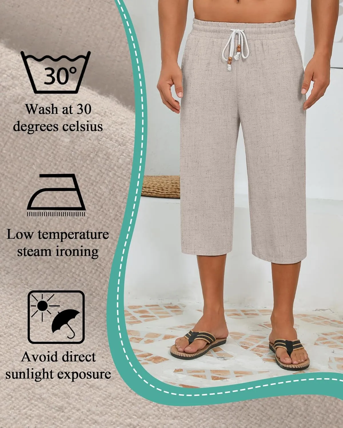 Neer 2 Pack Men’s Linen Capri Pants, Casual Loose Fit 3/4 Shorts Drawstring Elastic Waist Beach Baggy Yoga Pants with Pockets