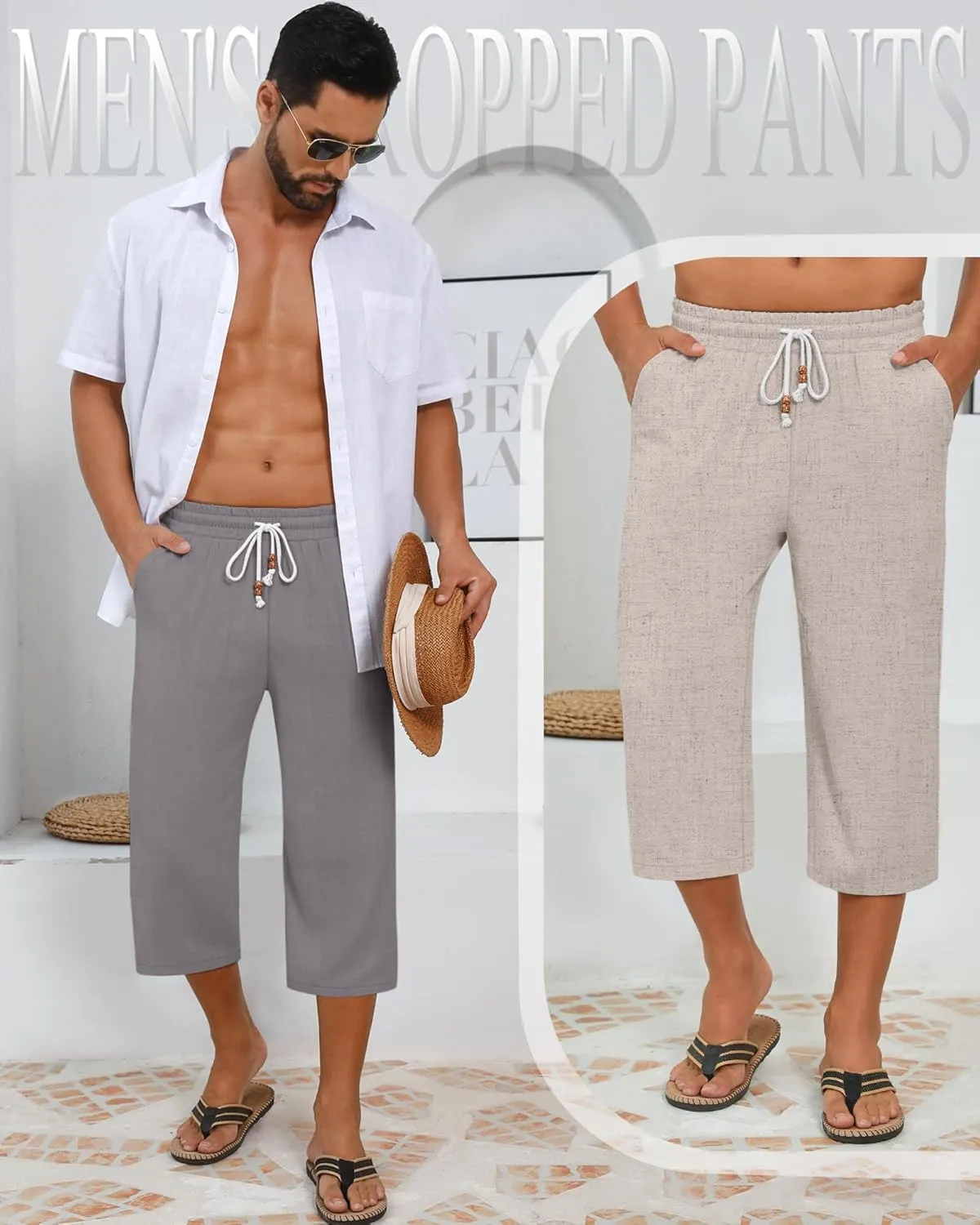 Neer 2 Pack Men’s Linen Capri Pants, Casual Loose Fit 3/4 Shorts Drawstring Elastic Waist Beach Baggy Yoga Pants with Pockets