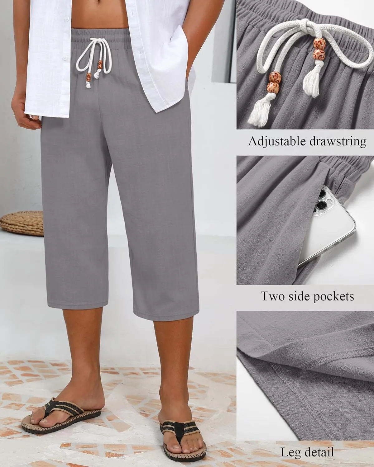 Neer 2 Pack Men’s Linen Capri Pants, Casual Loose Fit 3/4 Shorts Drawstring Elastic Waist Beach Baggy Yoga Pants with Pockets