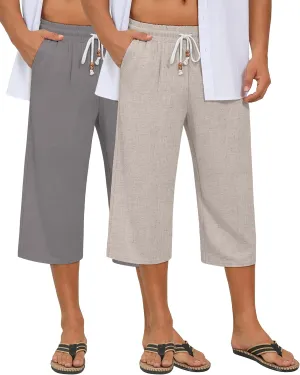 Neer 2 Pack Men’s Linen Capri Pants, Casual Loose Fit 3/4 Shorts Drawstring Elastic Waist Beach Baggy Yoga Pants with Pockets