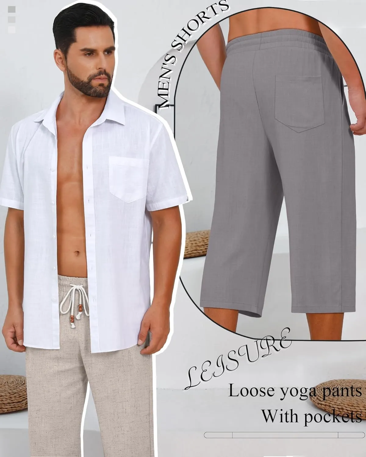 Neer 2 Pack Men’s Linen Capri Pants, Casual Loose Fit 3/4 Shorts Drawstring Elastic Waist Beach Baggy Yoga Pants with Pockets