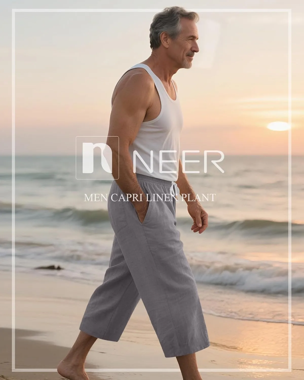Neer 2 Pack Men’s Linen Capri Pants, Casual Loose Fit 3/4 Shorts Drawstring Elastic Waist Beach Baggy Yoga Pants with Pockets