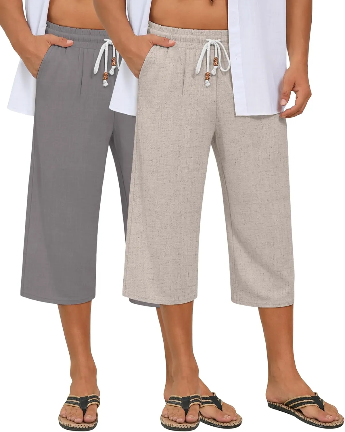 Neer 2 Pack Men’s Linen Capri Pants, Casual Loose Fit 3/4 Shorts Drawstring Elastic Waist Beach Baggy Yoga Pants with Pockets