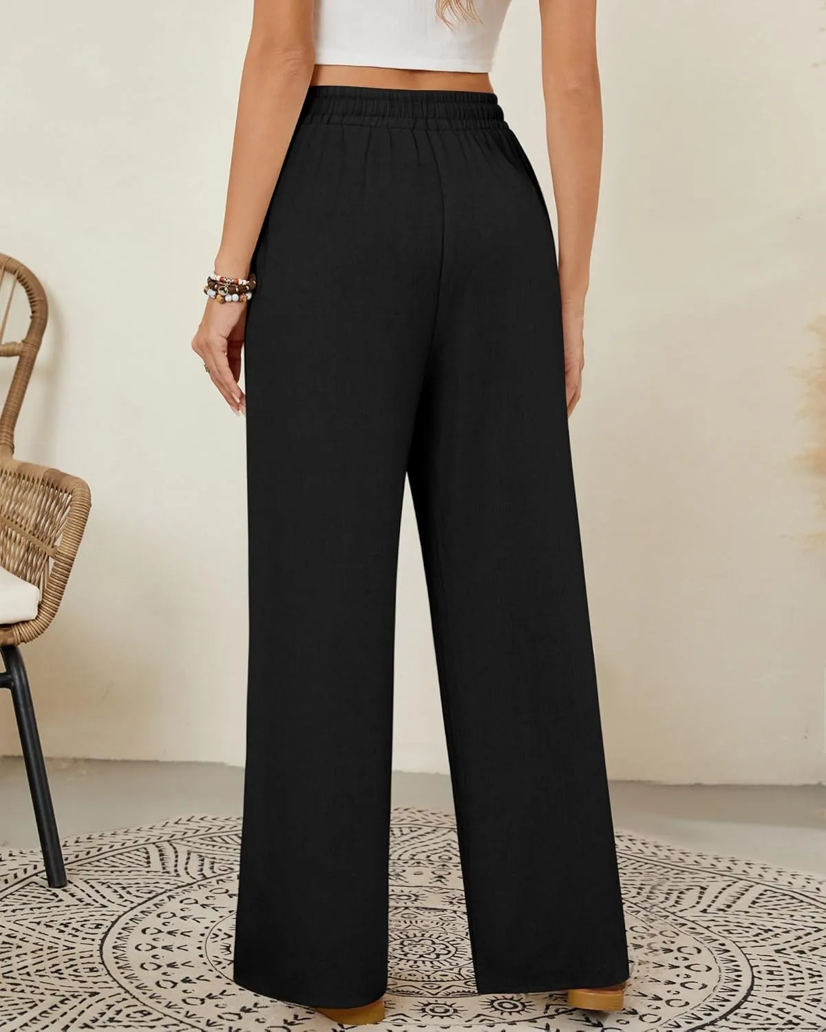 Neer 2 Pack Women's Linen Long Pants, Summer Drawstring Elastic Waist Flowy Straight Pant Casual Loose Beach Pant with Pocket