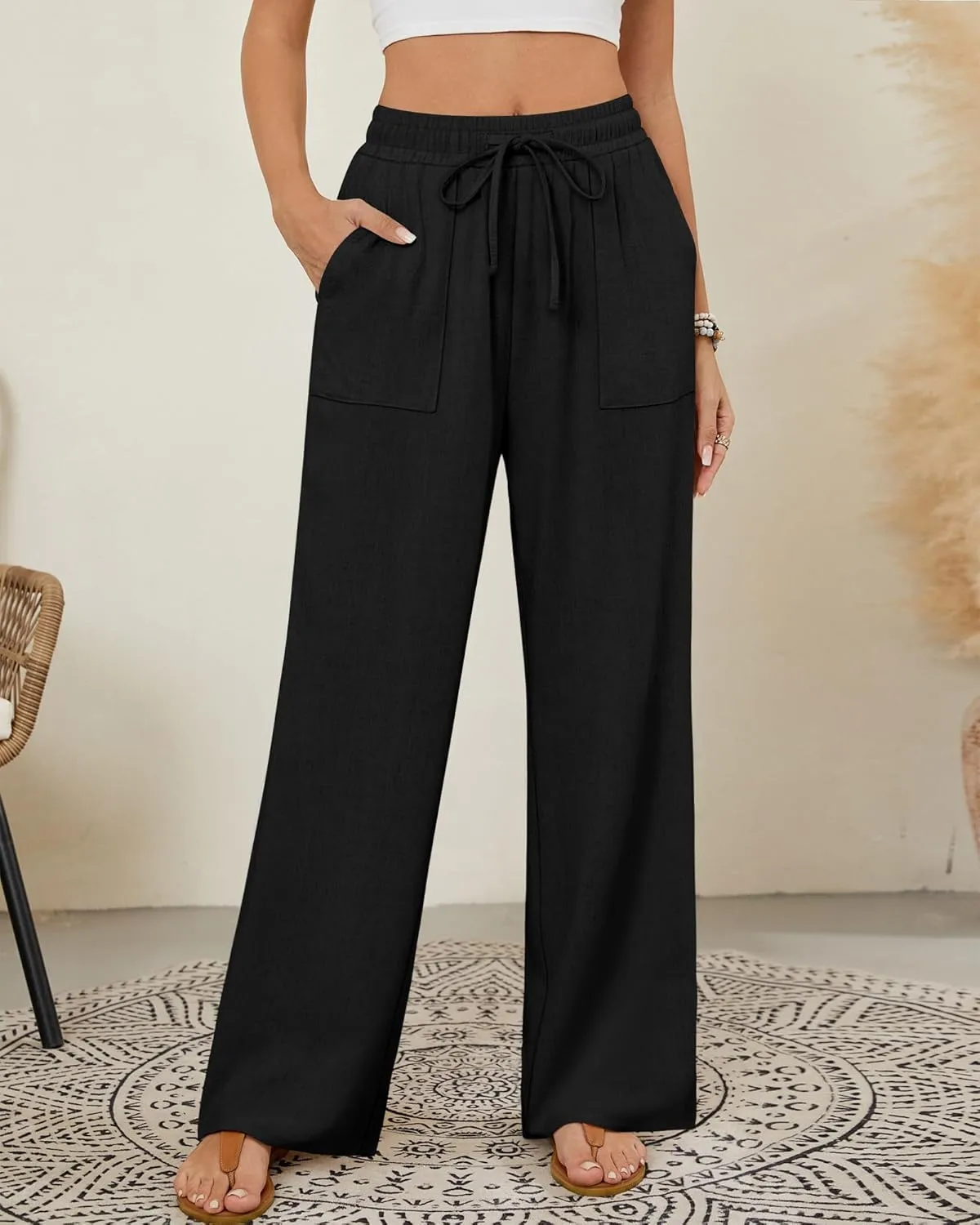 Neer 2 Pack Women's Linen Long Pants, Summer Drawstring Elastic Waist Flowy Straight Pant Casual Loose Beach Pant with Pocket