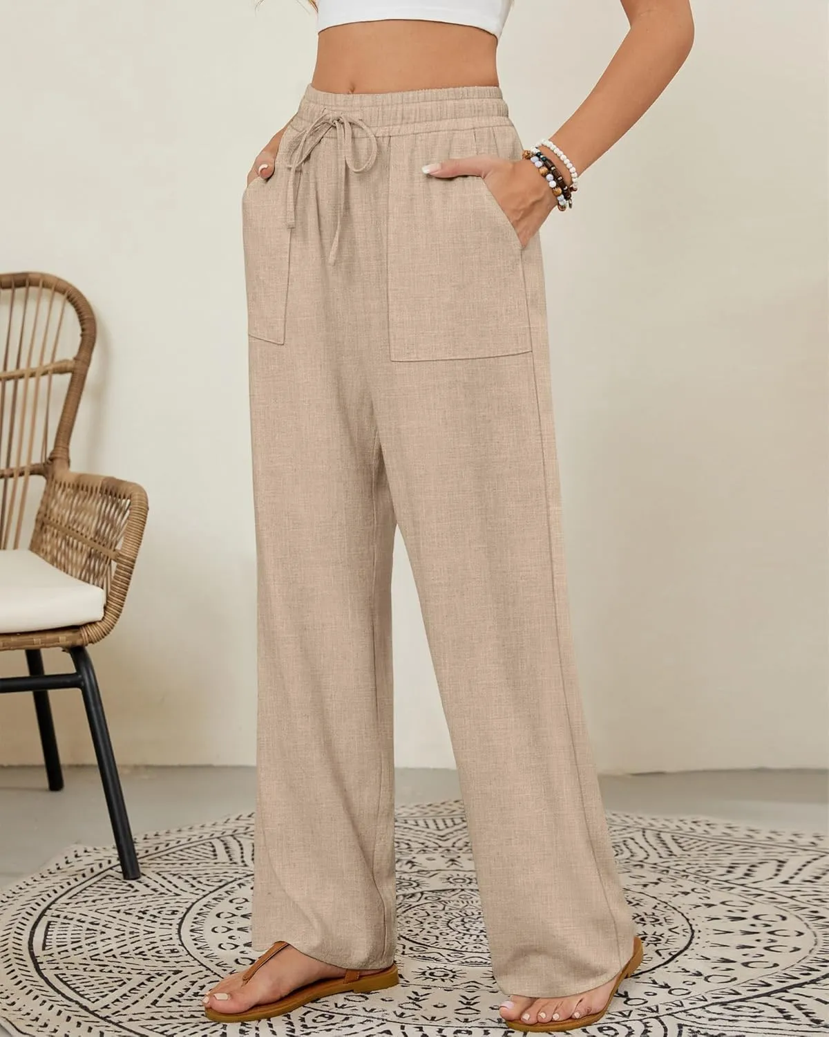Neer 2 Pack Women's Linen Long Pants, Summer Drawstring Elastic Waist Flowy Straight Pant Casual Loose Beach Pant with Pocket