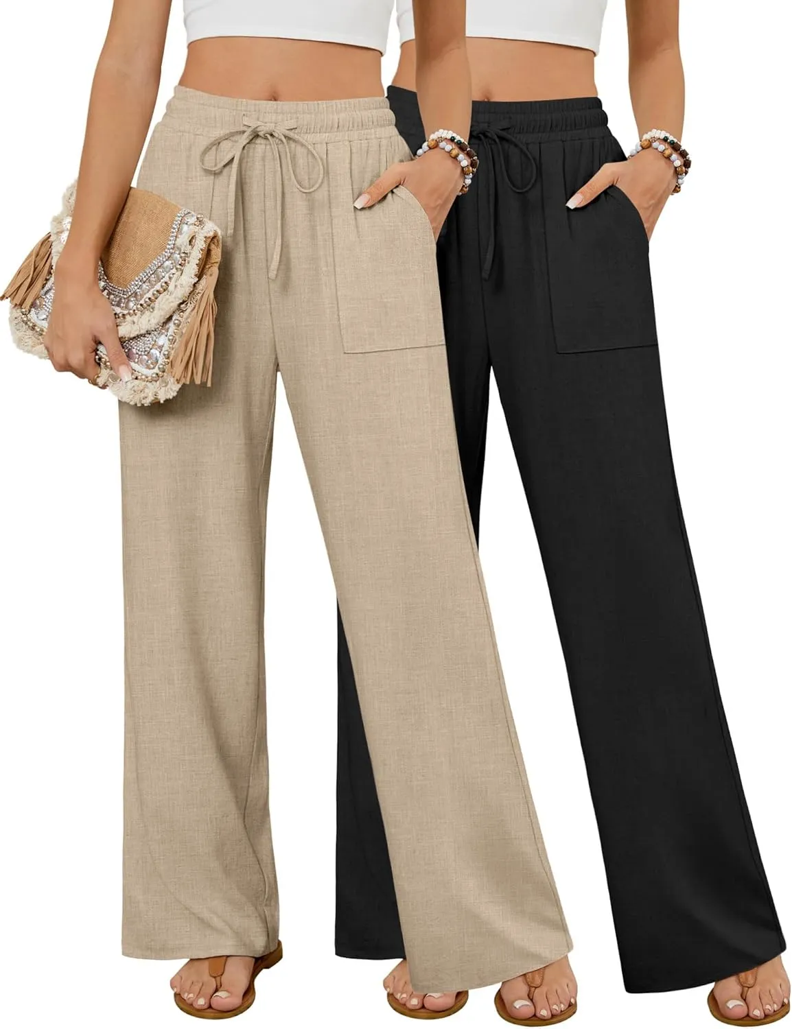 Neer 2 Pack Women's Linen Long Pants, Summer Drawstring Elastic Waist Flowy Straight Pant Casual Loose Beach Pant with Pocket