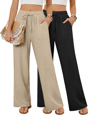 Neer 2 Pack Women's Linen Long Pants, Summer Drawstring Elastic Waist Flowy Straight Pant Casual Loose Beach Pant with Pocket