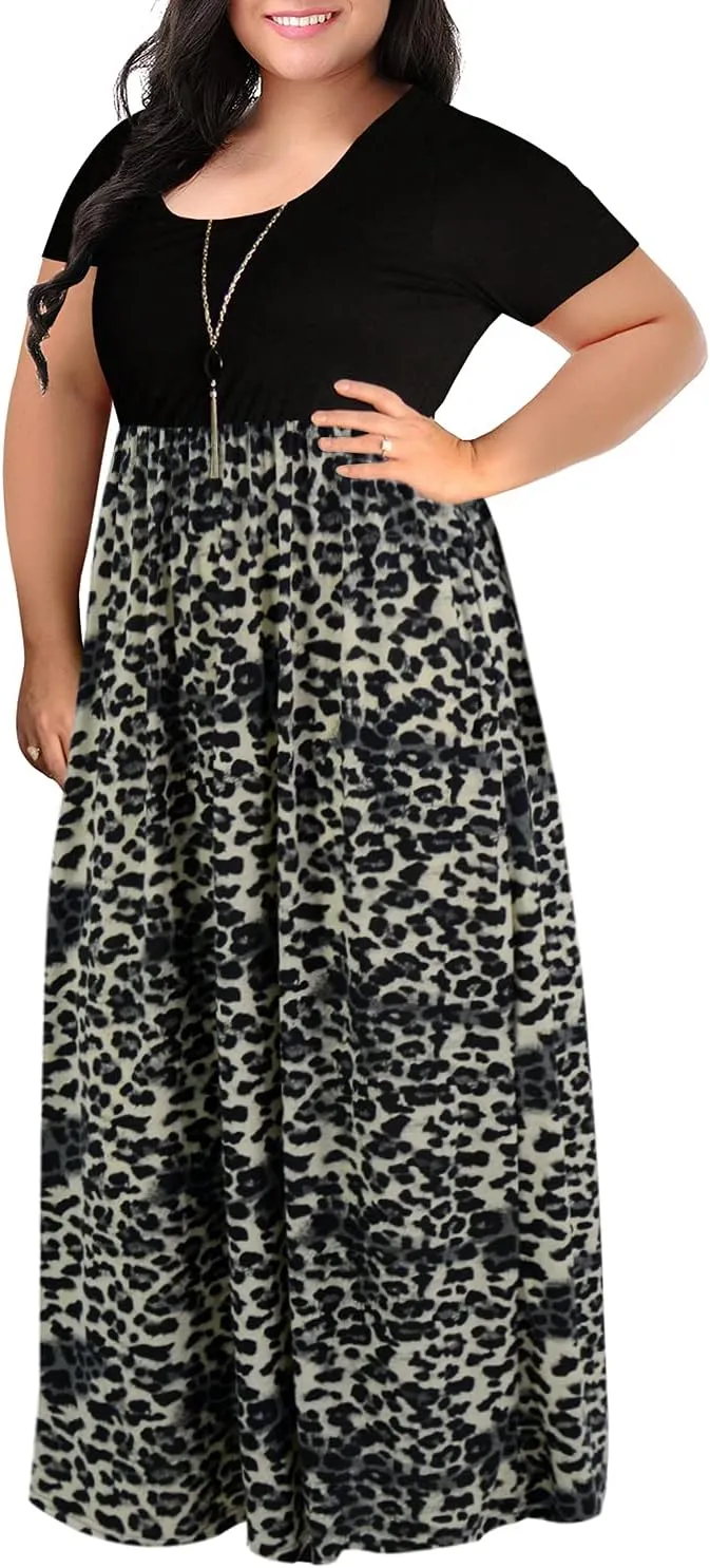 Nemidor Plus Size Maxi Dresses for Curvy Women Casual Summer Short Sleeve Chevron Print Long Dress with Pocket 14-26