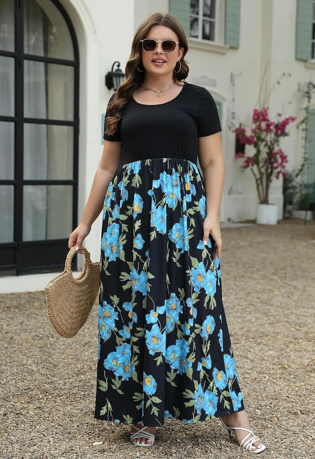 Nemidor Plus Size Maxi Dresses for Curvy Women Casual Summer Short Sleeve Chevron Print Long Dress with Pocket 14-26