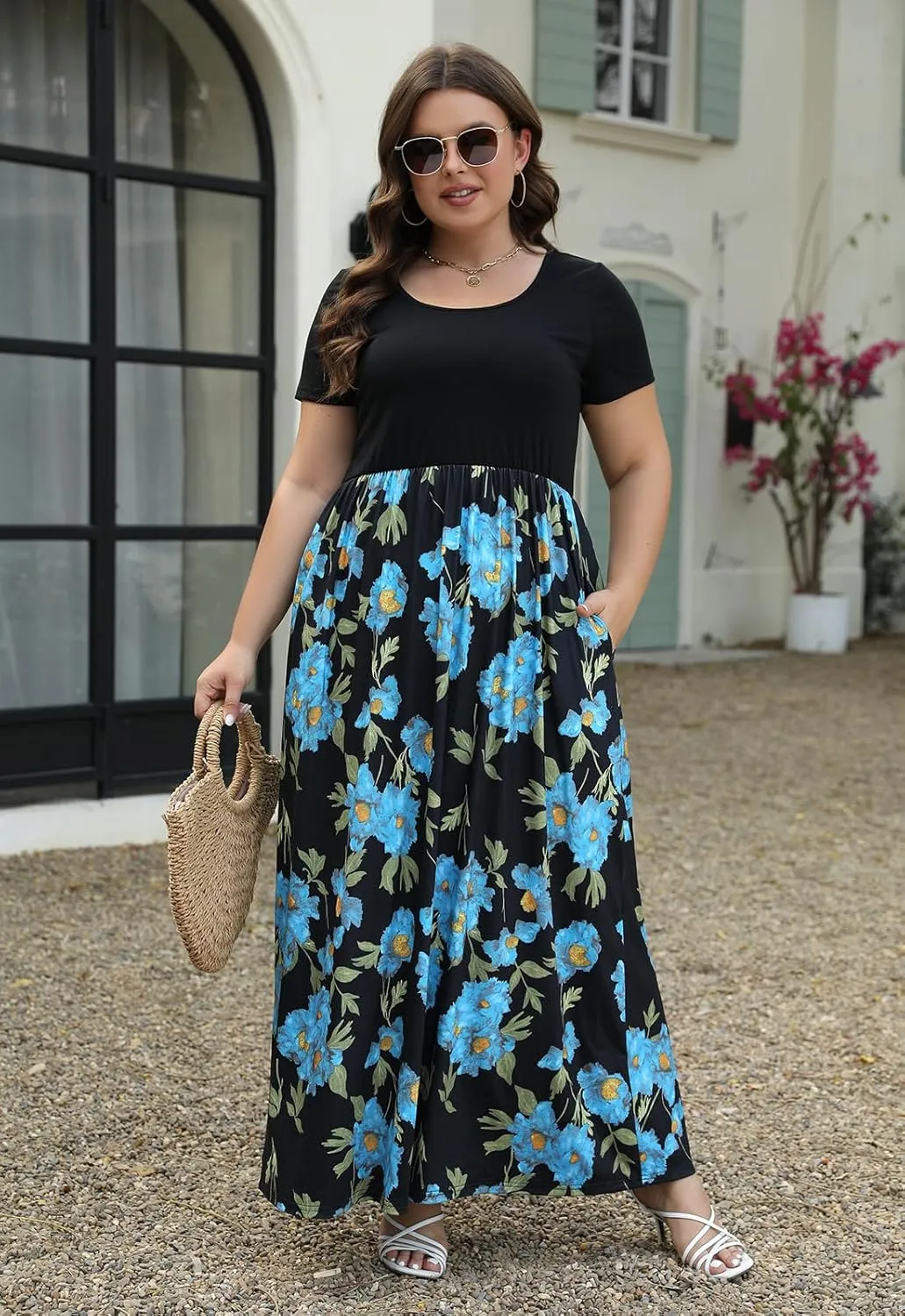 Nemidor Plus Size Maxi Dresses for Curvy Women Casual Summer Short Sleeve Chevron Print Long Dress with Pocket 14-26