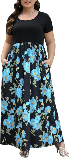 Nemidor Plus Size Maxi Dresses for Curvy Women Casual Summer Short Sleeve Chevron Print Long Dress with Pocket 14-26