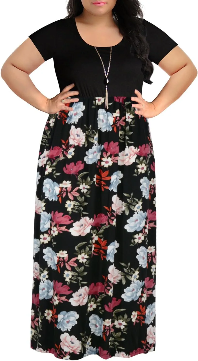 Nemidor Plus Size Maxi Dresses for Curvy Women Casual Summer Short Sleeve Chevron Print Long Dress with Pocket 14-26