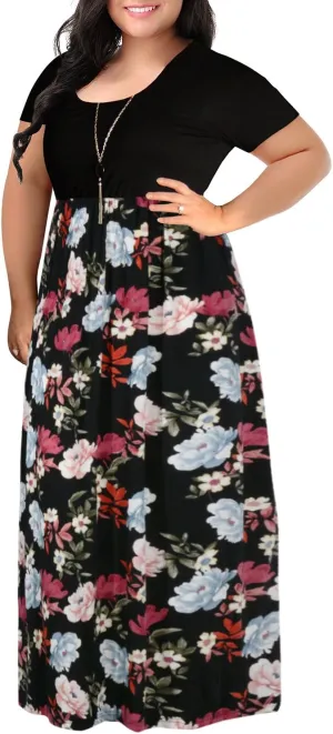 Nemidor Plus Size Maxi Dresses for Curvy Women Casual Summer Short Sleeve Chevron Print Long Dress with Pocket 14-26