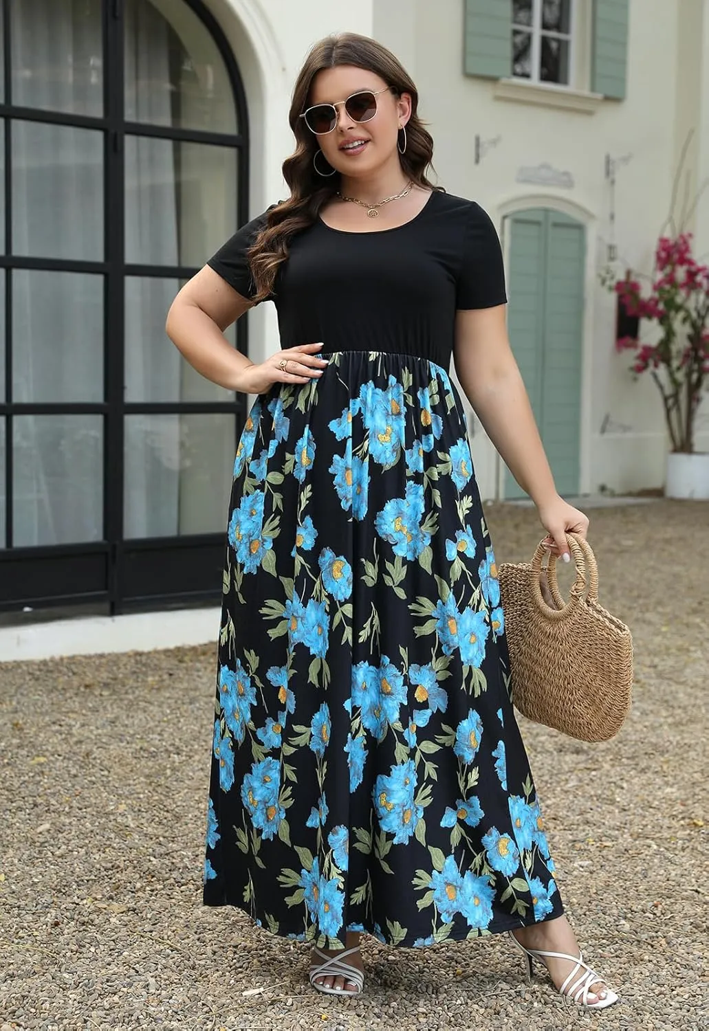 Nemidor Plus Size Maxi Dresses for Curvy Women Casual Summer Short Sleeve Chevron Print Long Dress with Pocket 14-26