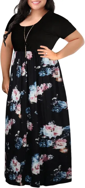 Nemidor Plus Size Maxi Dresses for Curvy Women Casual Summer Short Sleeve Chevron Print Long Dress with Pocket 14-26