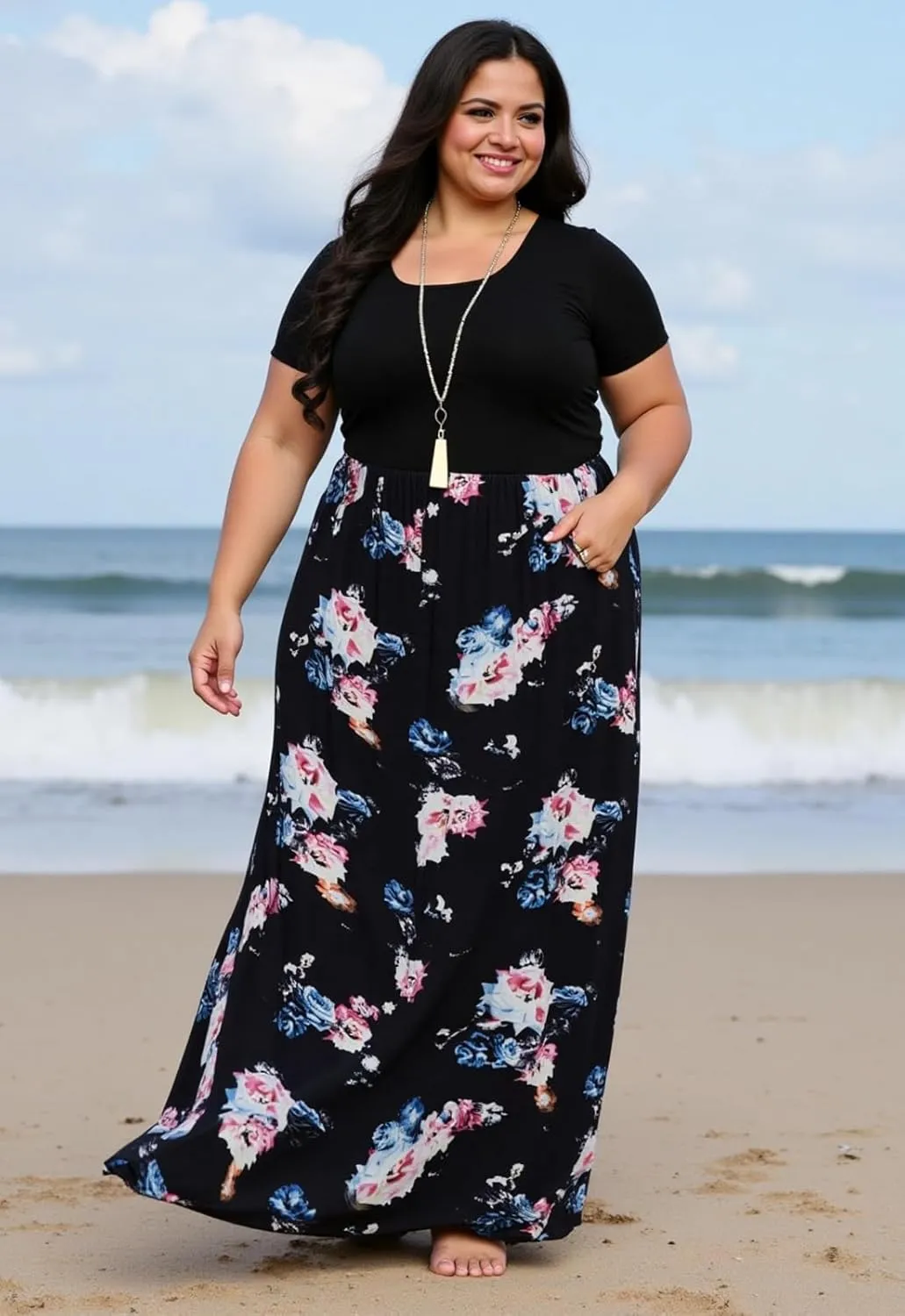 Nemidor Plus Size Maxi Dresses for Curvy Women Casual Summer Short Sleeve Chevron Print Long Dress with Pocket 14-26
