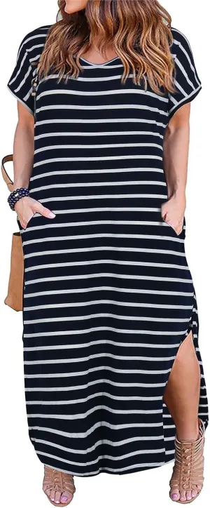Nemidor Plus Size Maxi Dresses for Curvy Women Casual Summer Slit Loose Short Sleeve Long Dress with Pocket 14-26