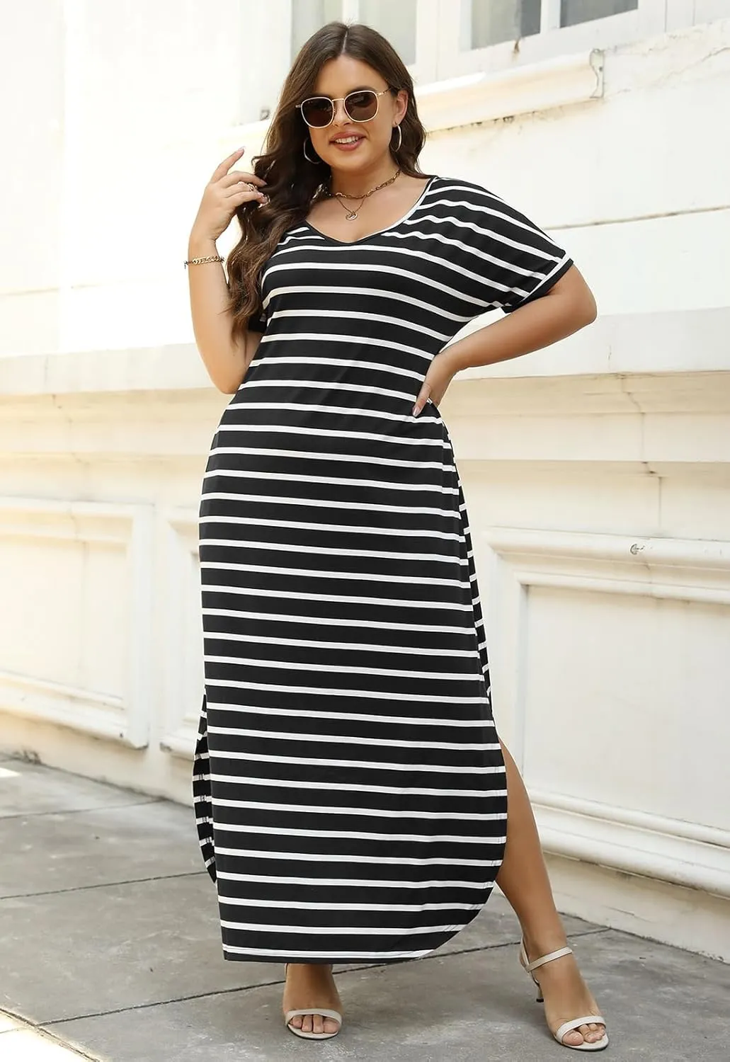 Nemidor Plus Size Maxi Dresses for Curvy Women Casual Summer Slit Loose Short Sleeve Long Dress with Pocket 14-26