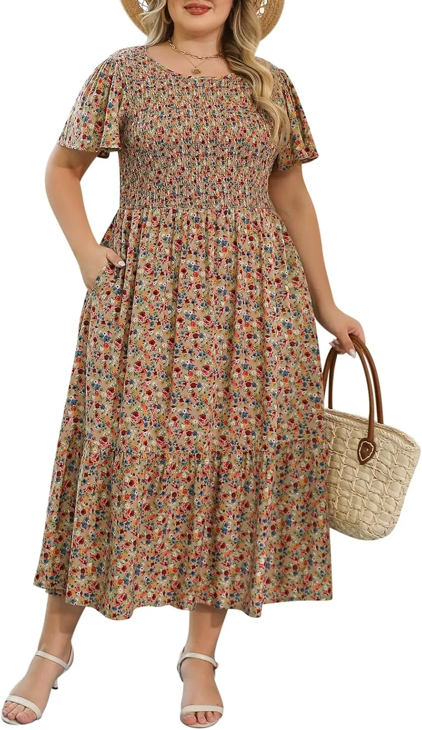 Nemidor Plus Size Womens Casual Maxi Dress Summer Ruffle Sleeve Ditsy Floral Print Boho Long Dresses with Pocket 16-26