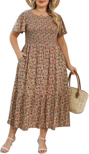 Nemidor Plus Size Womens Casual Maxi Dress Summer Ruffle Sleeve Ditsy Floral Print Boho Long Dresses with Pocket 16-26
