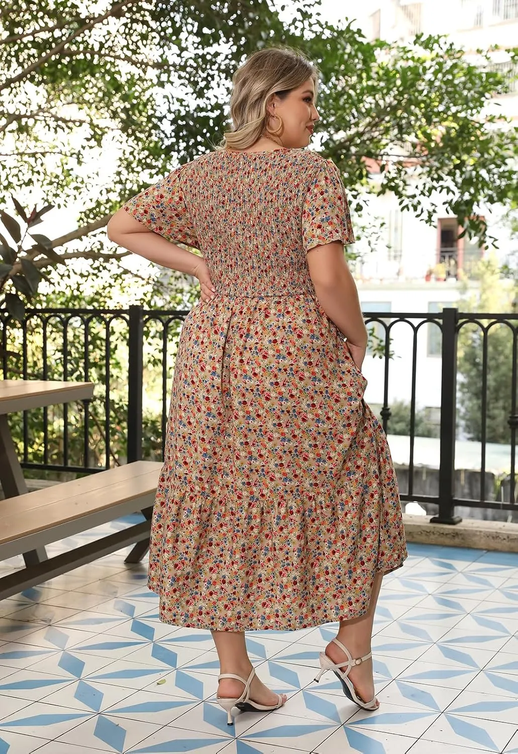 Nemidor Plus Size Womens Casual Maxi Dress Summer Ruffle Sleeve Ditsy Floral Print Boho Long Dresses with Pocket 16-26