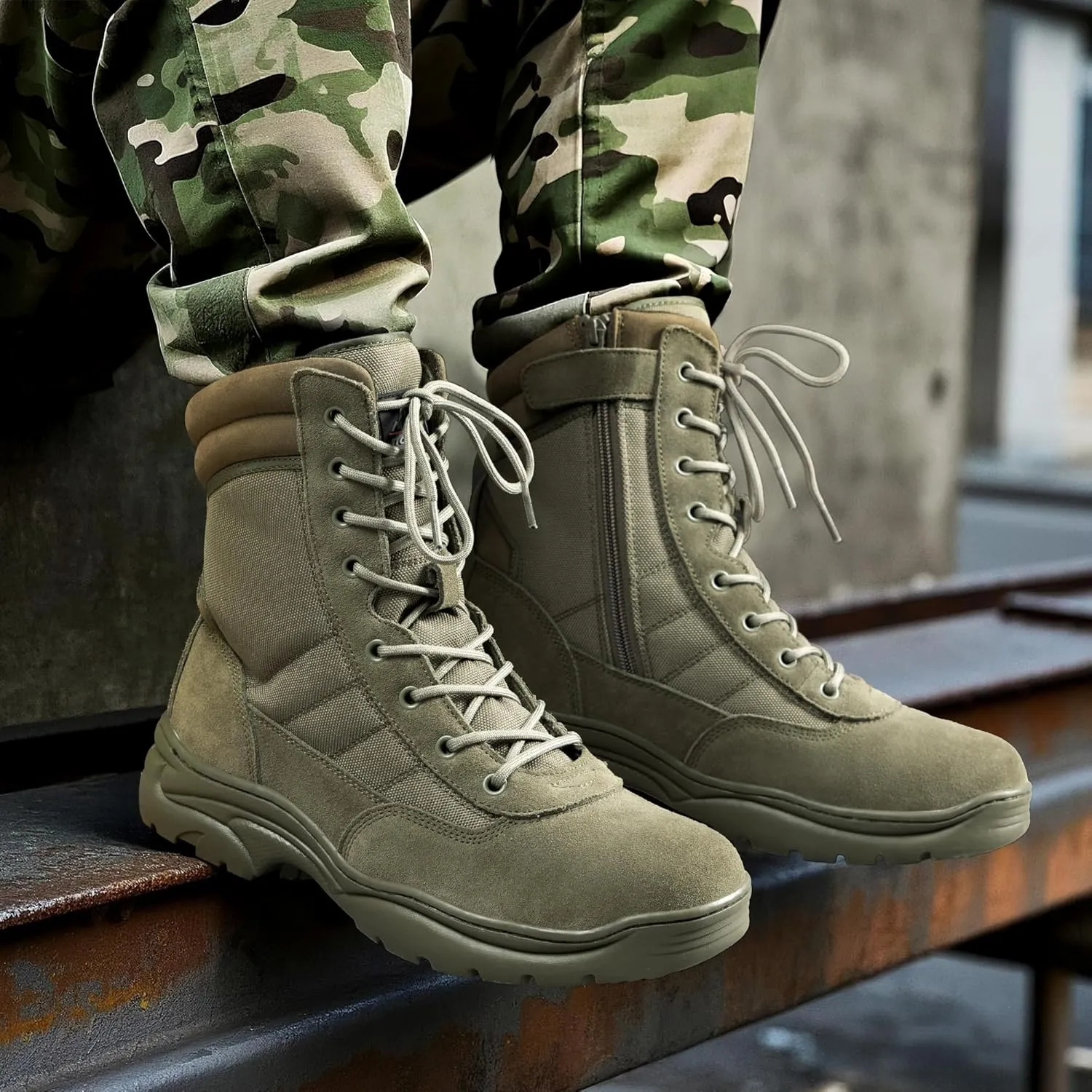 NORTIV 8 Men's Military Tactical Work Boots Side Zipper Leather Motorcycle Combat Boots Trooper(6-8 Inches)