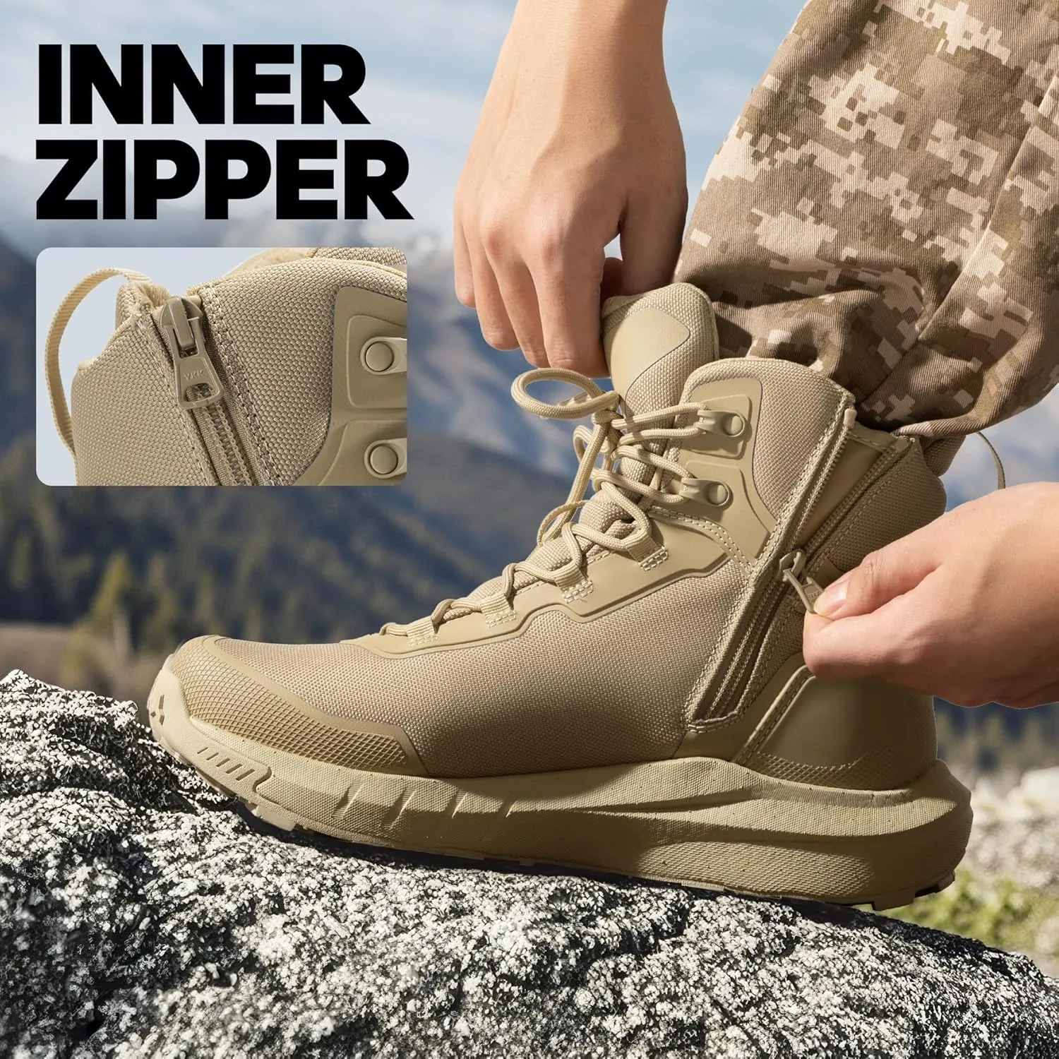 NORTIV 8 Men's Tactical Hiking Boot Lightweight Cushion Sole Boots for Work All Day Side Zipper Motorcycle Combat Military Boot Arch Support 8 Inches Terrascope