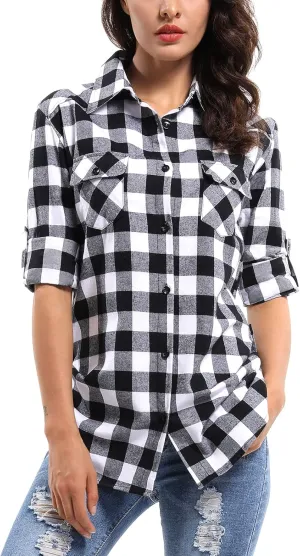 OCHENTA Women's Roll Up Sleeve Button Down Plaid Flannel Shirt Fall Casual Tops