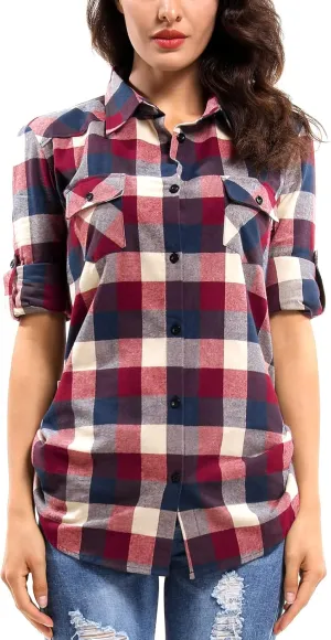OCHENTA Women's Roll Up Sleeve Button Down Plaid Flannel Shirt Fall Casual Tops