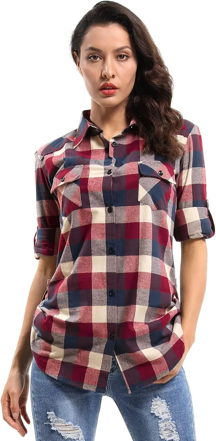 OCHENTA Women's Roll Up Sleeve Button Down Plaid Flannel Shirt Fall Casual Tops